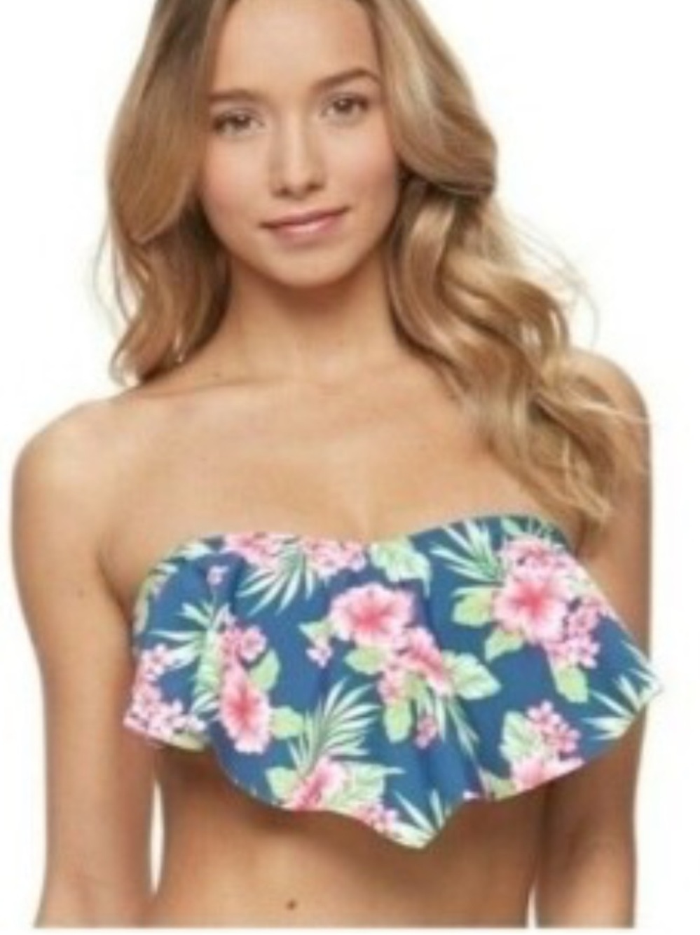 SO Women's Navy Floral Flounce Bandeau  Bikini Top - Pink & Green
